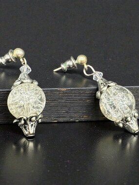 Vintage Silver Tone Pierced Earrings Dangling Crackled Glass Bead Pendant *read*